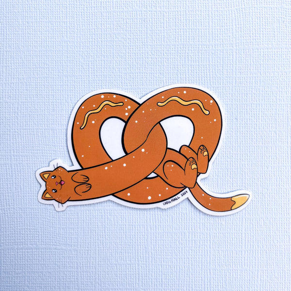 Pretzel Cat Vinyl Sticker - Brown