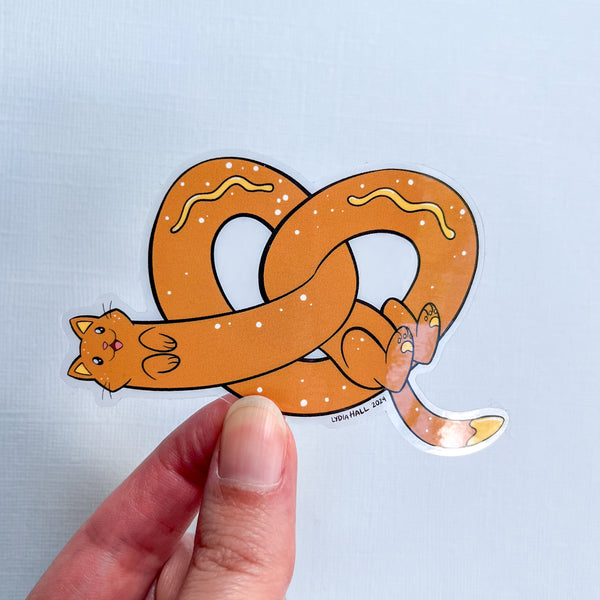 Pretzel Cat Vinyl Sticker - Brown