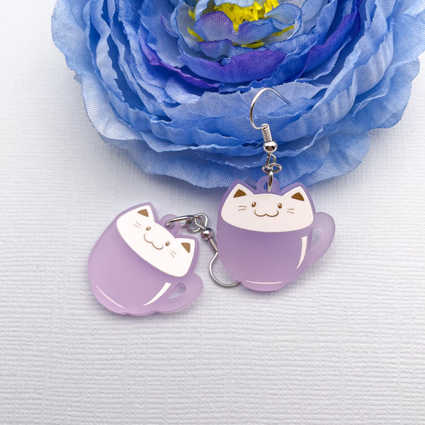 Latte Cat Earrings - Purple