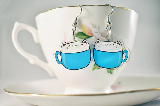 Latte Cat Earrings - Blue